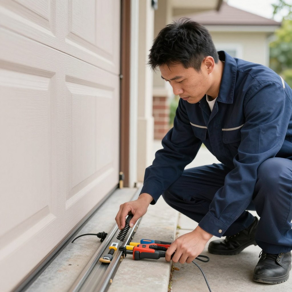 Technician diagnosing garage door problem during emergency repair Technician diagnosing garage door problem during emergency repair