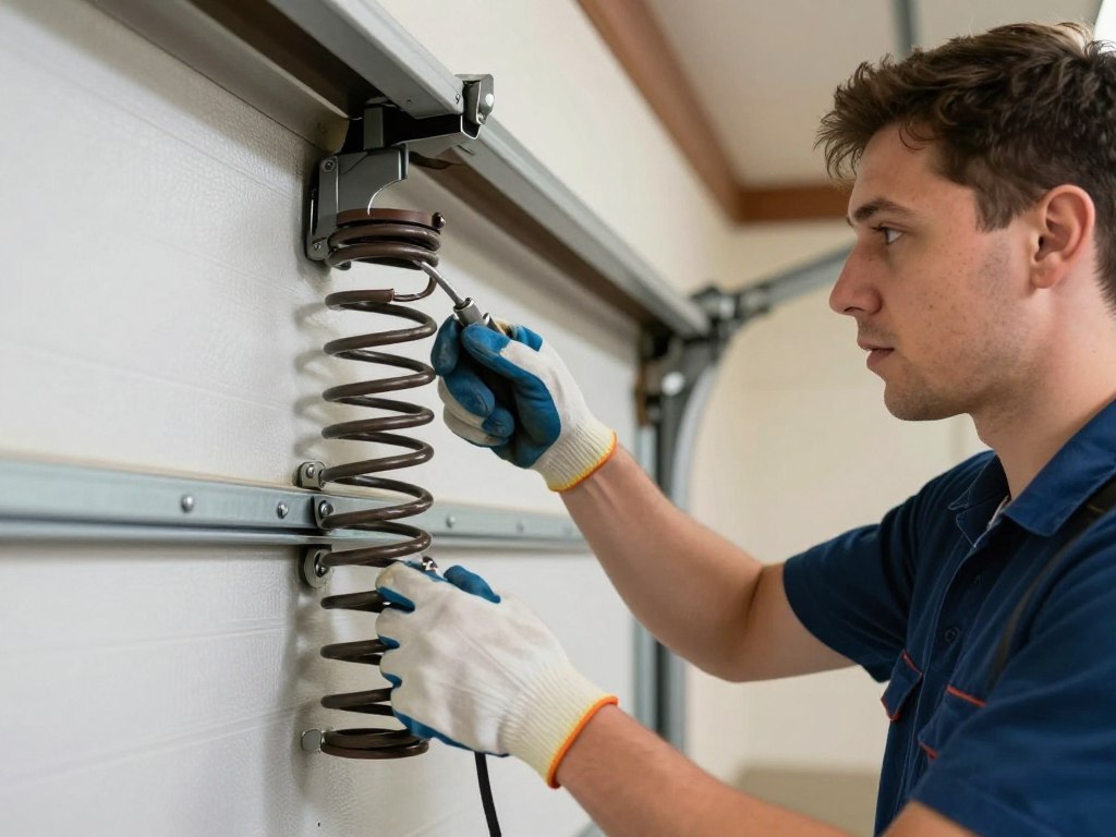 Technician repairing broken garage door springs during emergency service Technician repairing broken garage door springs during emergency service